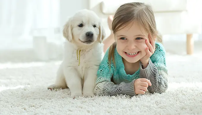 Child and dog on carpet